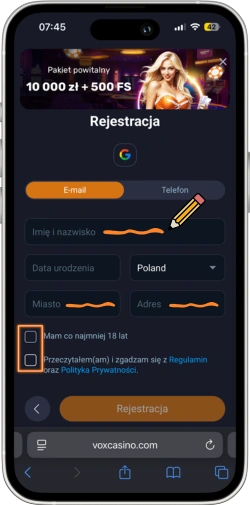 Formularz z danymi osobowymi casino vox