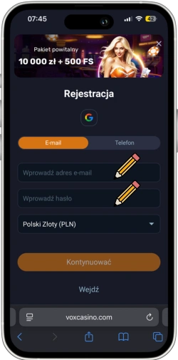 rejestracji konta VOX Casino